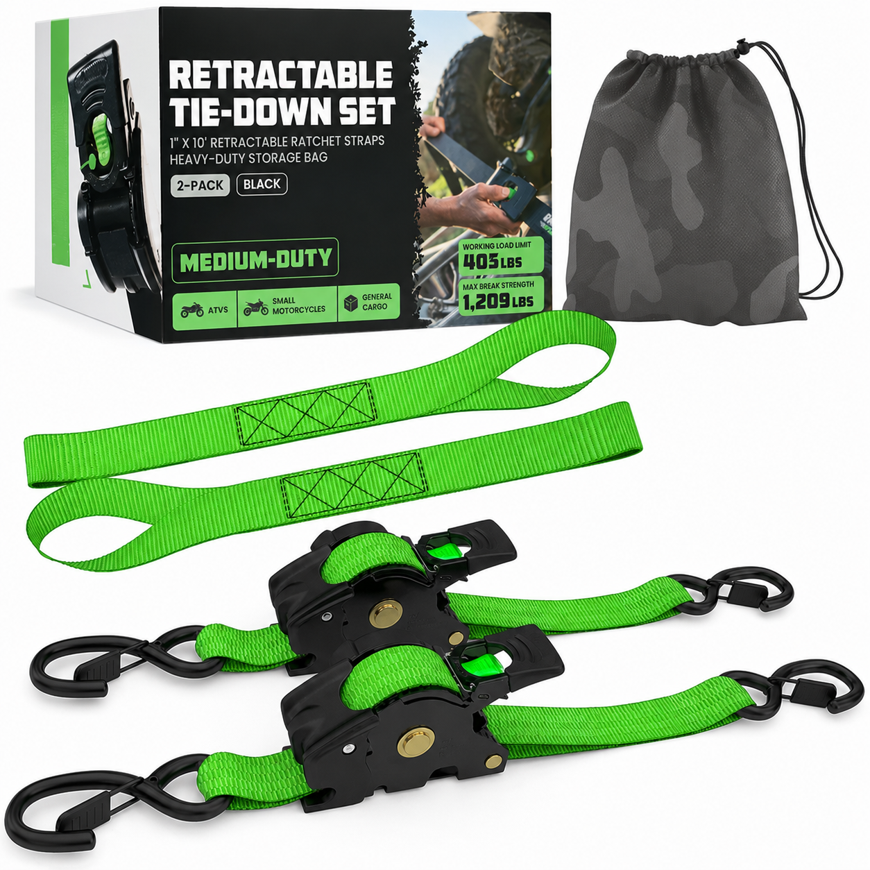 1" x 10' Retractable Ratchet Straps, Medium Duty Self Retracting Tie Down Straps, 9 Pack Only $38