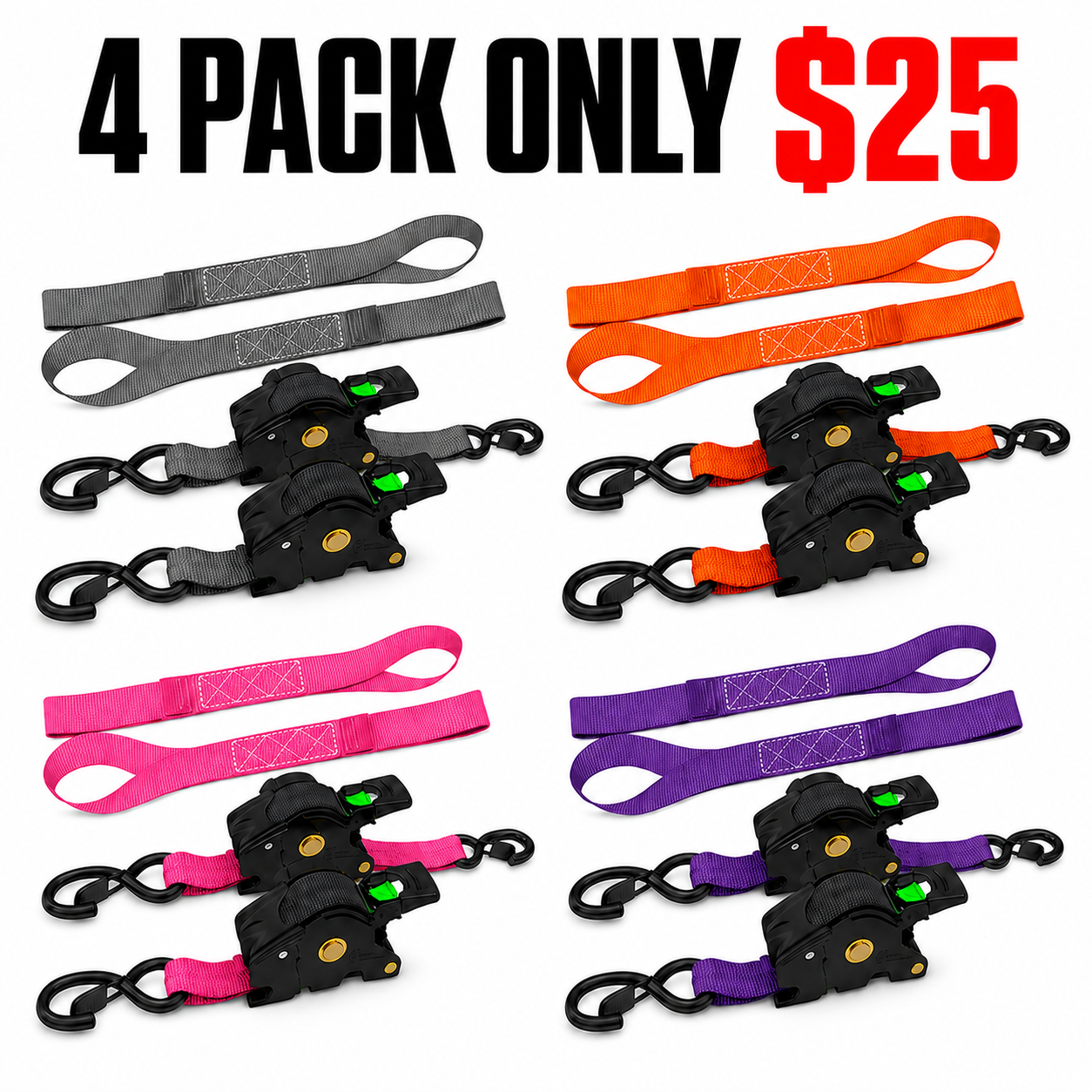 1" x 10' Retractable Ratchet Straps, Medium Duty Self Retracting Tie Down Straps, 9 Pack Only $38