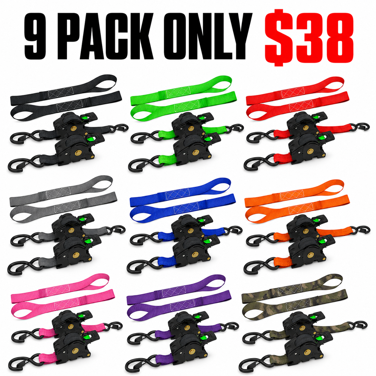 1" x 10' Retractable Ratchet Straps, Medium Duty Self Retracting Tie Down Straps, 9 Pack Only $38
