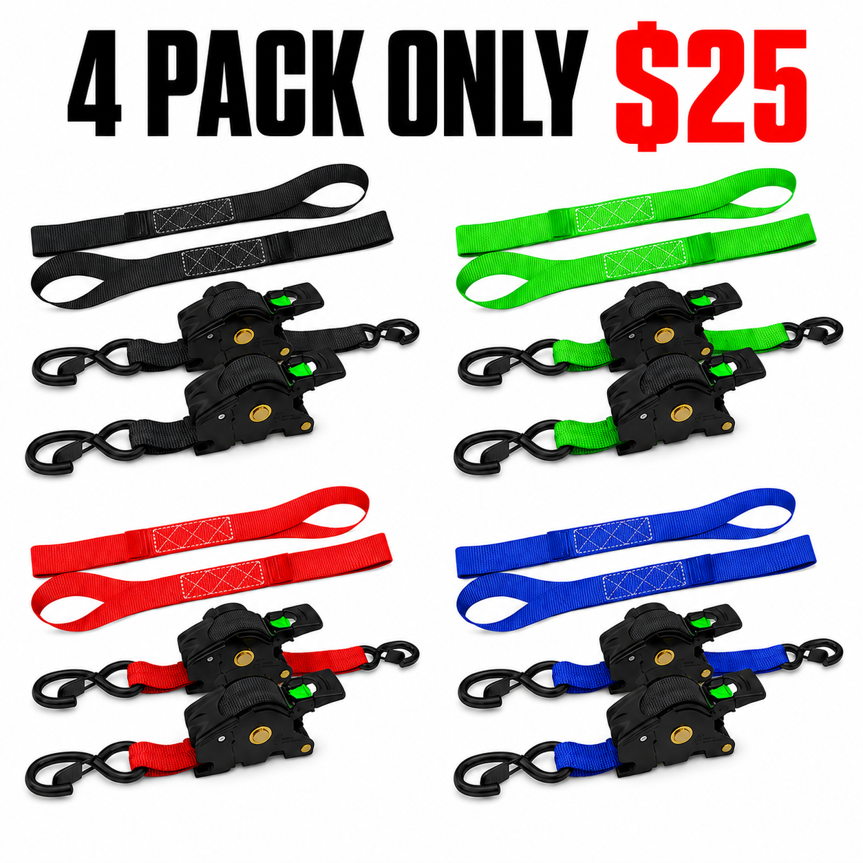 1" x 10' Retractable Ratchet Straps, Medium Duty Self Retracting Tie Down Straps, 9 Pack Only $38