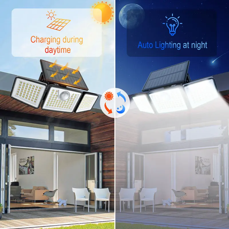 Solar Outdoor Security Spotlights, 2500LM 3‑Head Dimmable Adjustable Wall Mount Lights, 3 Modes, IP65 Waterproof, for Garage, Festival Gift