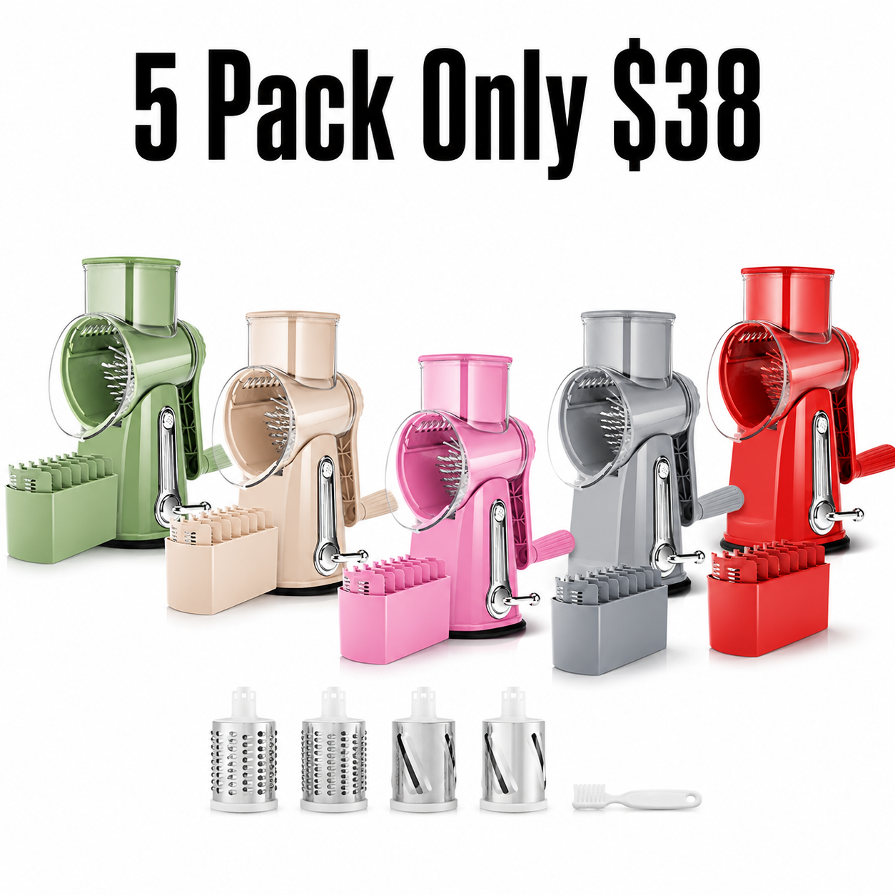 Manual Hand Crank Rotary Cheese Grater,5 Stainless Steel Blades,Strong Suction Cup Base,Multi‑Functional Vegetable Slicer Cutter,Kitchen Cooking Gadgets