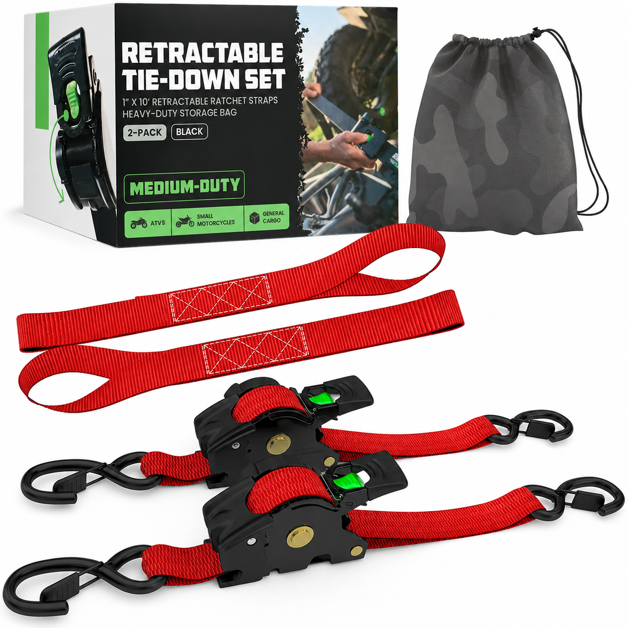 1" x 10' Retractable Ratchet Straps, Medium Duty Self Retracting Tie Down Straps, 9 Pack Only $38