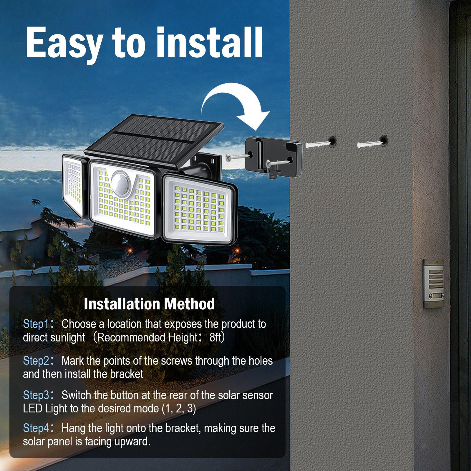 Daphino Solar Outdoor Security Spotlights, 2500LM 3-Head Dimmable Adjustable Wall Mount Lights with 3 Modes, IP65 Waterproof, 2 Years Warranty, for Garage, Festival Gift
