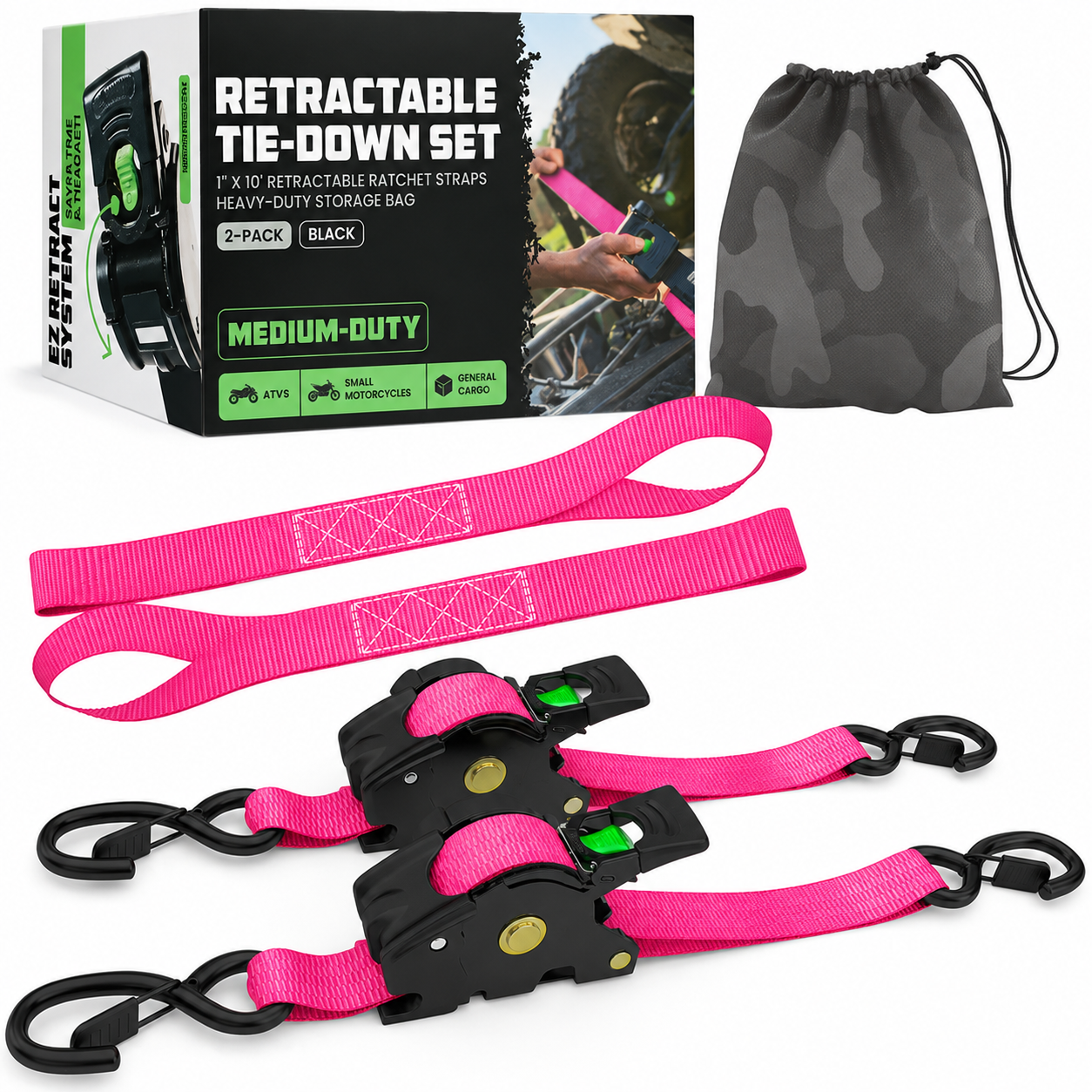 1" x 10' Retractable Ratchet Straps, Medium Duty Self Retracting Tie Down Straps, 9 Pack Only $38
