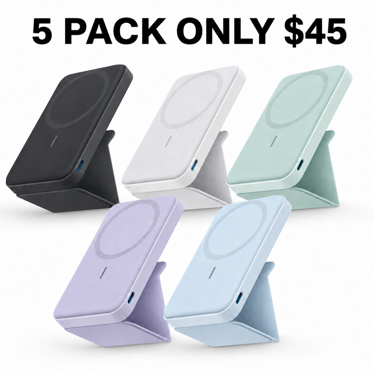 5,000mAh Magnetic Wireless Power Bank with Foldable Stand and Side USB-C Port, Portable Battery Pack for Compatible Smartphones