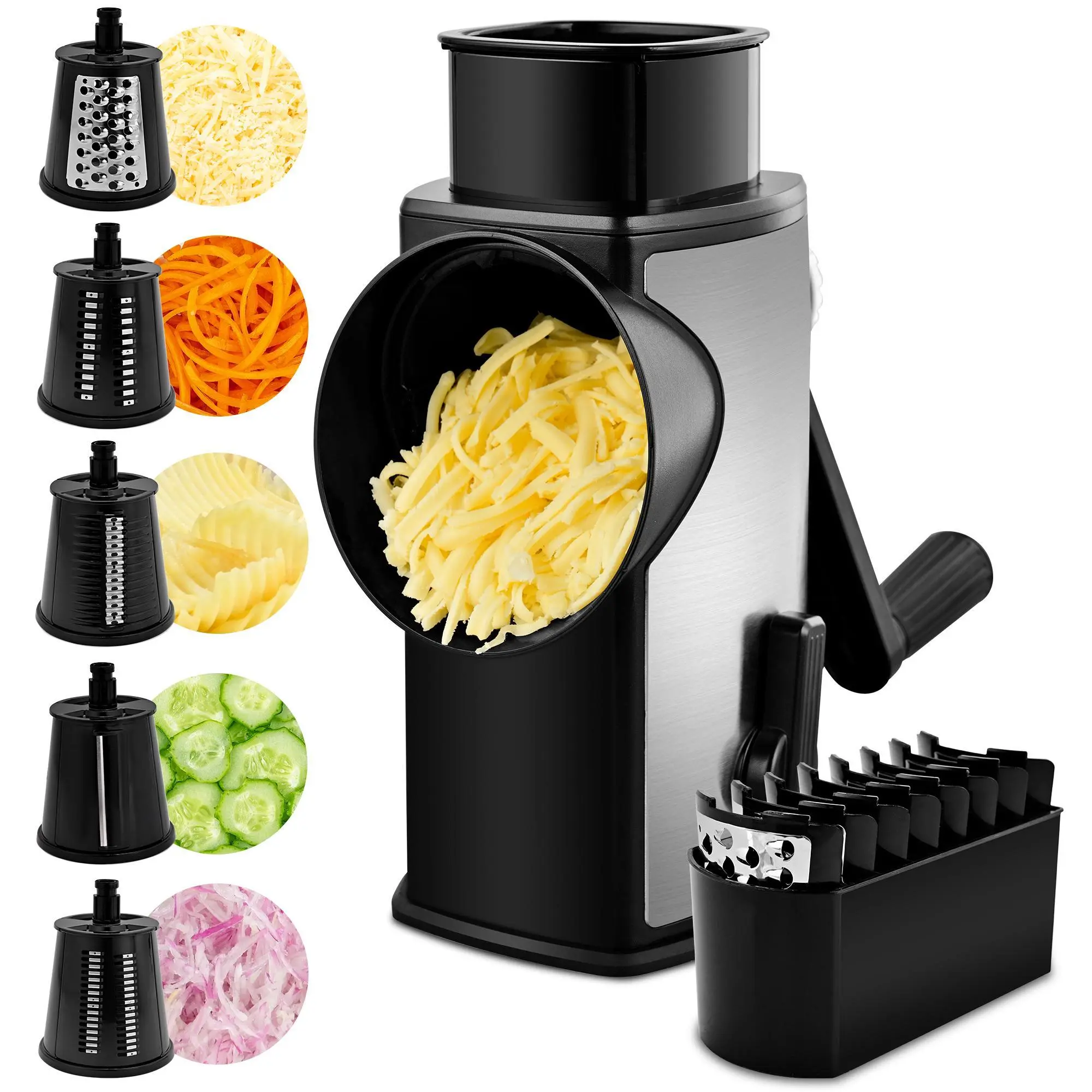 Manual Hand Crank Rotary Cheese Grater,5 Stainless Steel Blades,Strong Suction Cup Base,Multi‑Functional Vegetable Slicer Cutter,Kitchen Cooking Gadgets