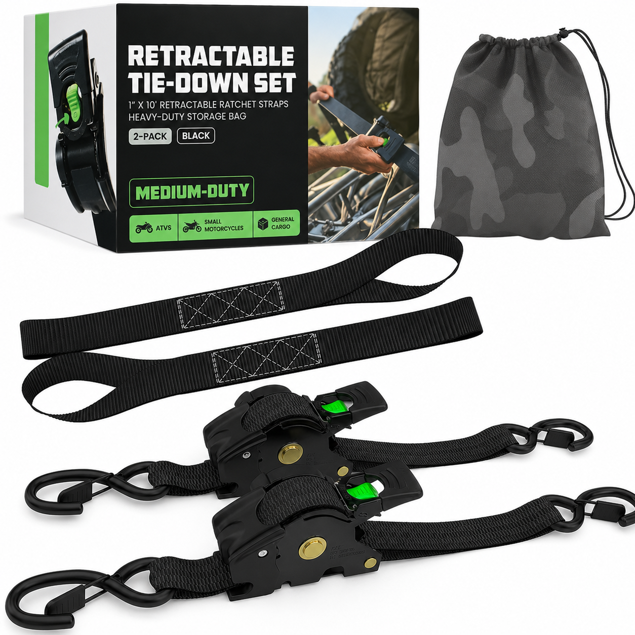 1" x 10' Retractable Ratchet Straps, Medium Duty Self Retracting Tie Down Straps, 9 Pack Only $38