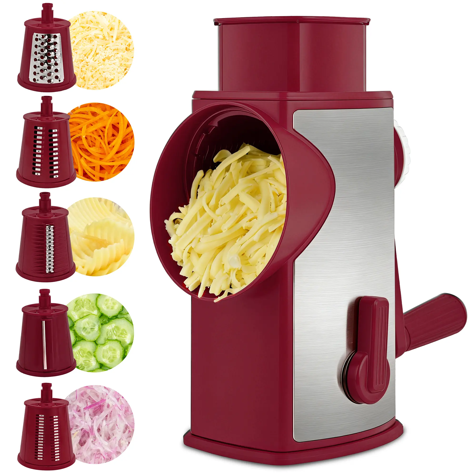 Manual Hand Crank Rotary Cheese Grater,5 Stainless Steel Blades,Strong Suction Cup Base,Multi‑Functional Vegetable Slicer Cutter,Kitchen Cooking Gadgets