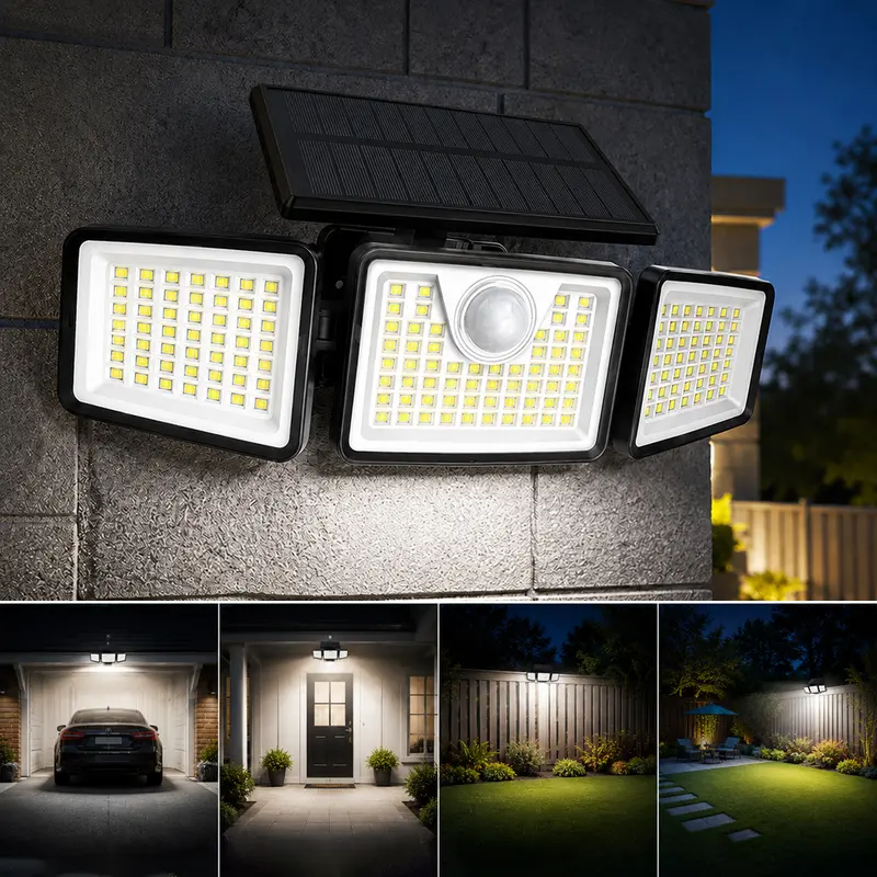 Solar Outdoor Security Spotlights, 2500LM 3‑Head Dimmable Adjustable Wall Mount Lights, 3 Modes, IP65 Waterproof, for Garage, Festival Gift