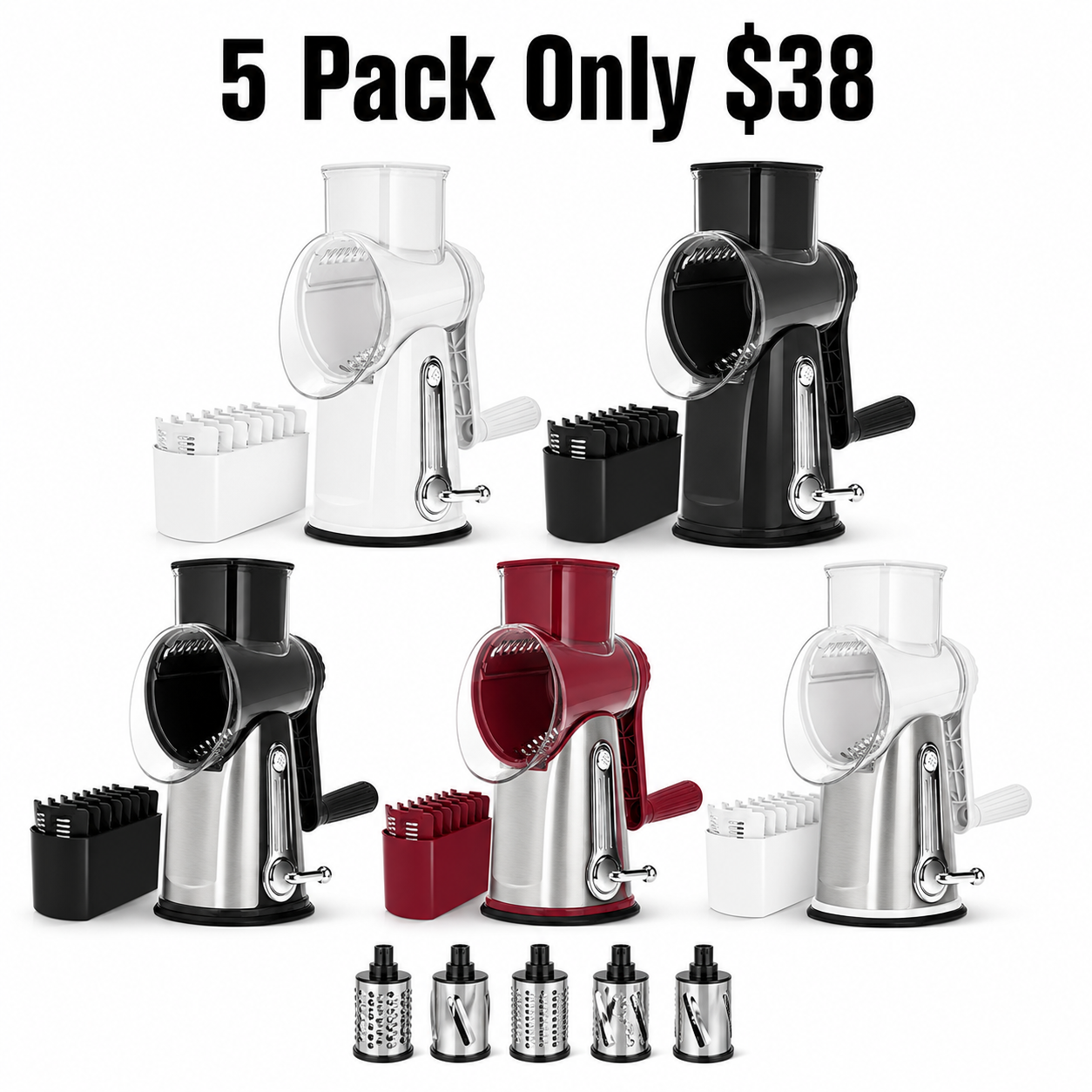Manual Hand Crank Rotary Cheese Grater,5 Stainless Steel Blades,Strong Suction Cup Base,Multi‑Functional Vegetable Slicer Cutter,Kitchen Cooking Gadgets