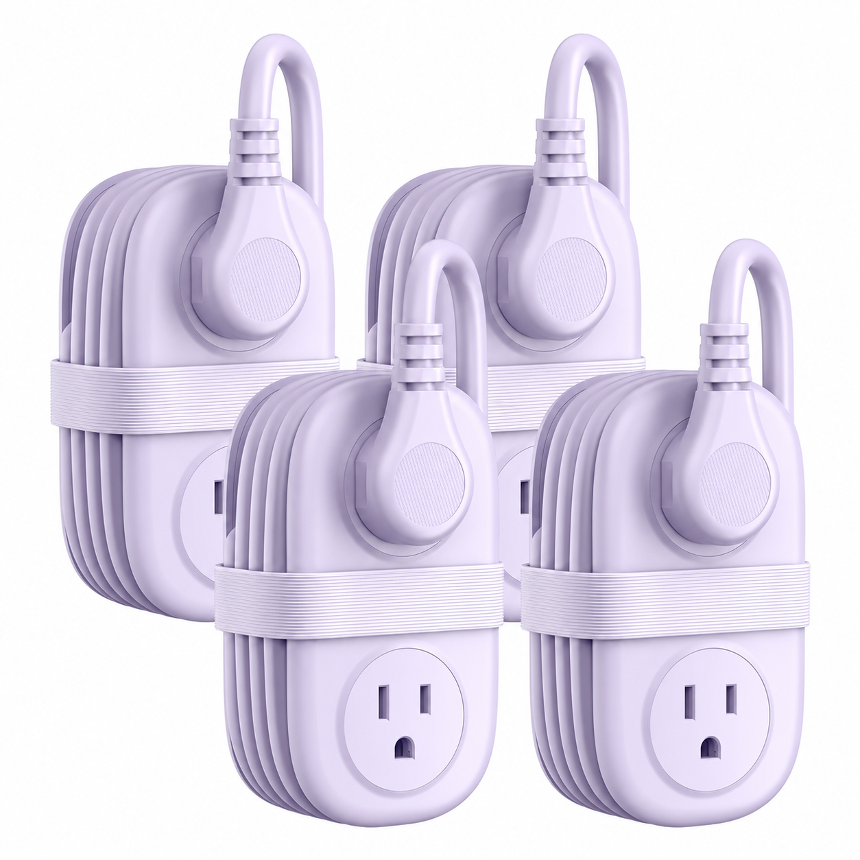 Purple four-pack compact travel power strips with all body logos removed
