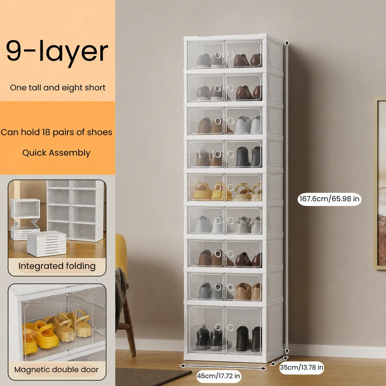 Folding Shoe Rack with Magnetic Transparent Doors - 9-layer-White-NEW