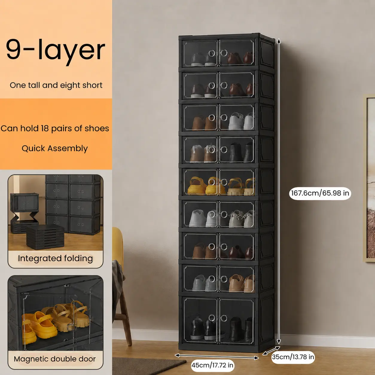 Folding Shoe Rack with Magnetic Transparent Doors - 9-layer-Black-NEW