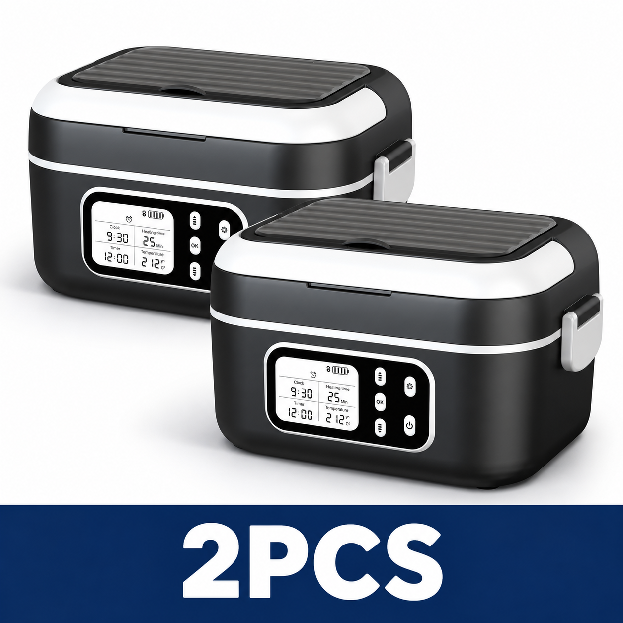 Cordless 1.5L Electric Heated Lunch Box with Smart Timer - Black + White - 2PCS