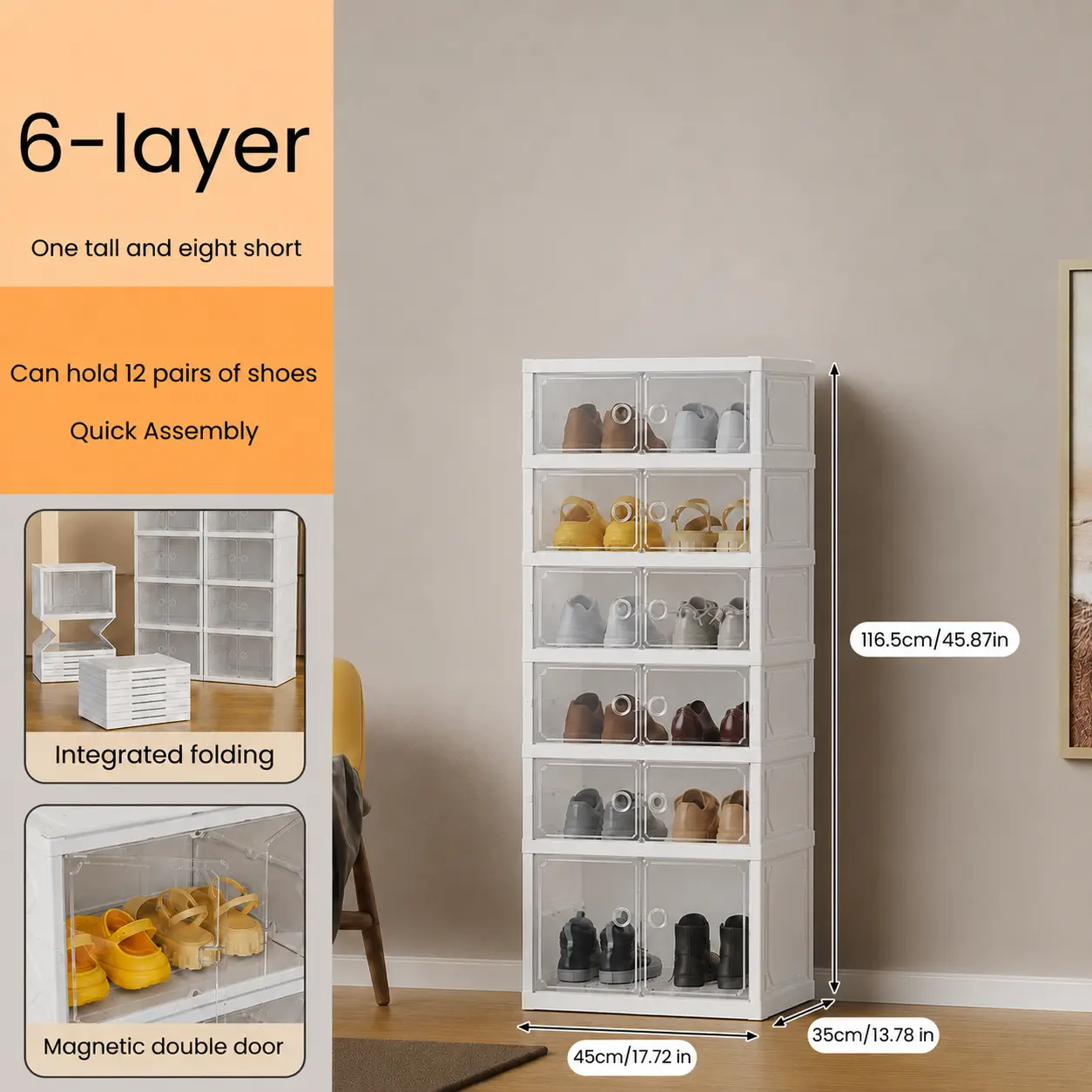 Folding Shoe Rack with Magnetic Transparent Doors - 6-layer-White-NEW