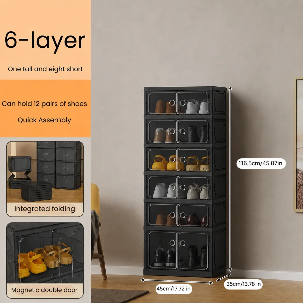 Folding Shoe Rack with Magnetic Transparent Doors - 6-layer-Black-NEW