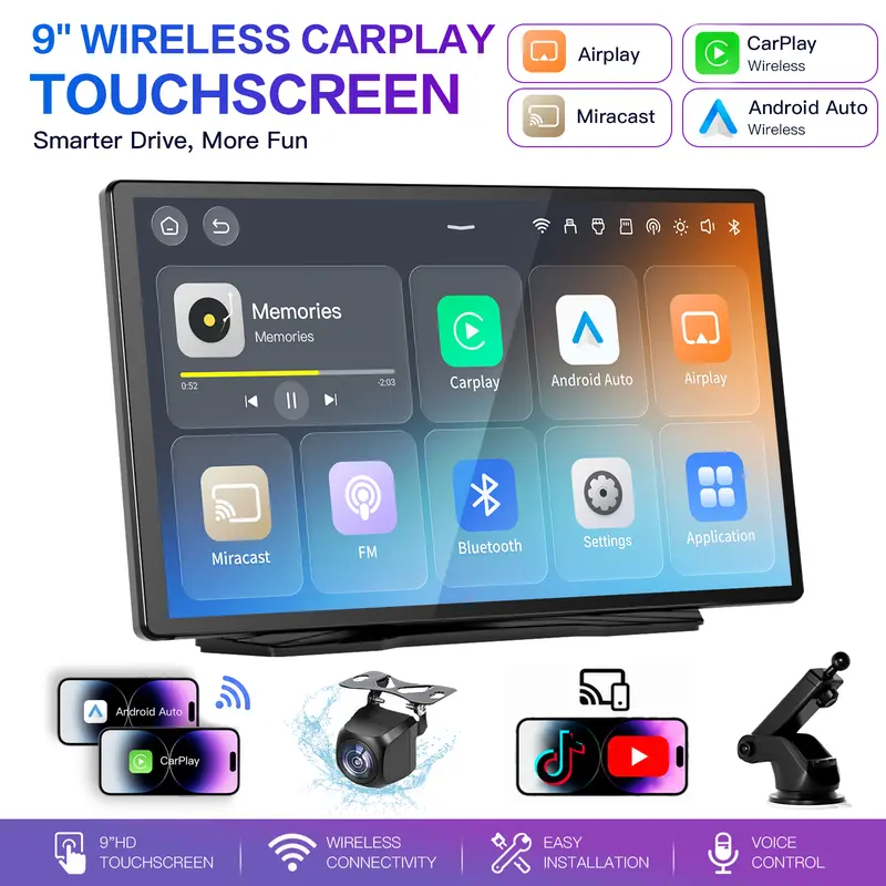 9-Inch Wireless Smartphone Car Display with Backup Camera