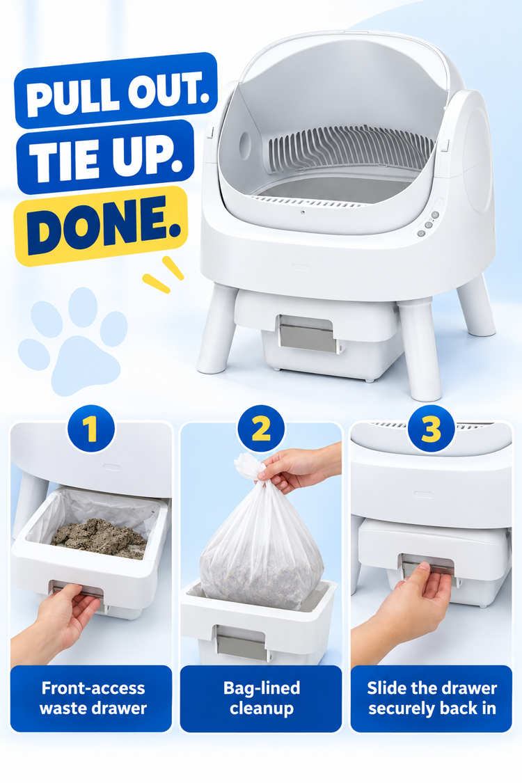 Front-access bag-lined litter box waste drawer cleanup
