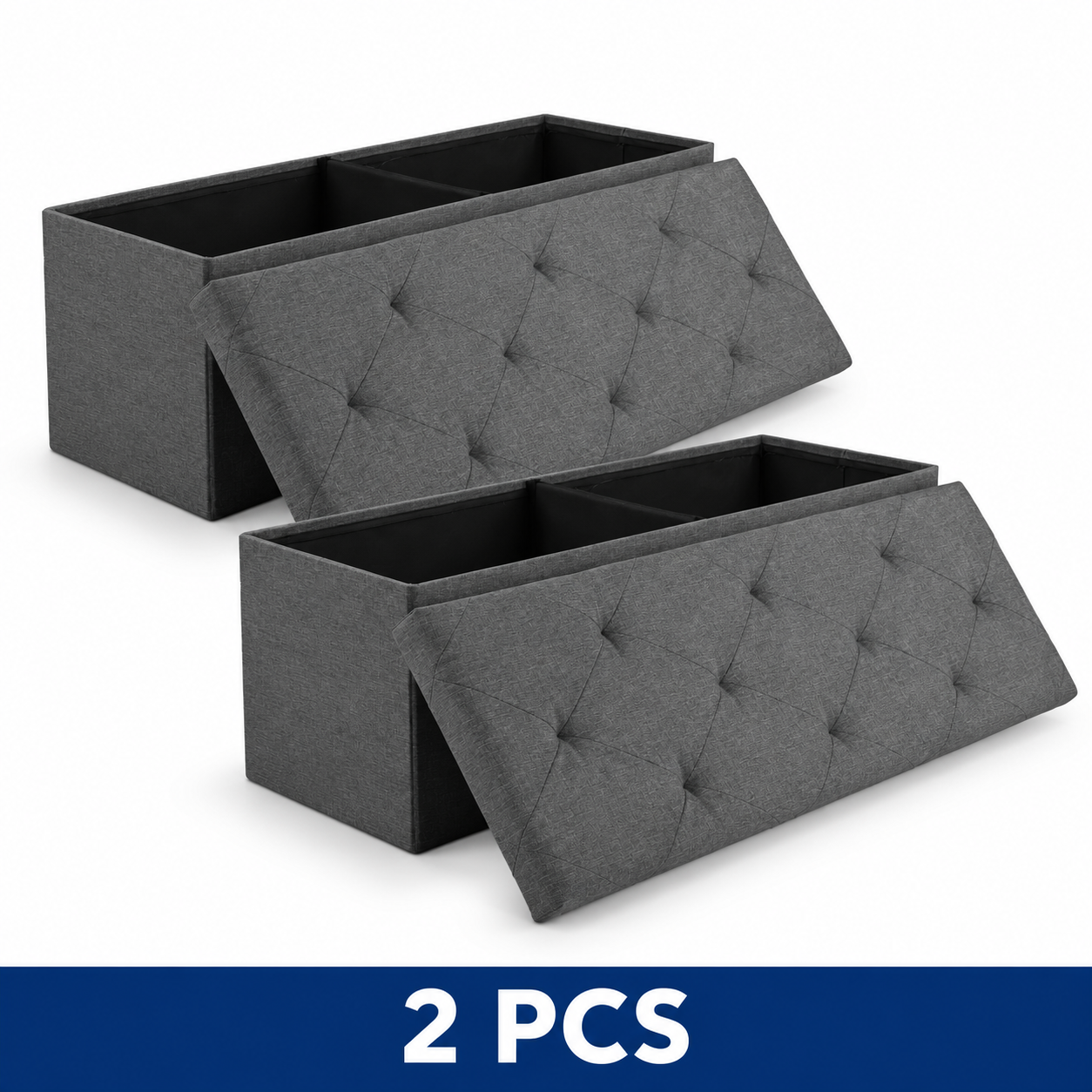 43-Inch Folding Storage Ottoman Bench with Padded Seat - 43IN Grey Fabric – 2-Piece Set