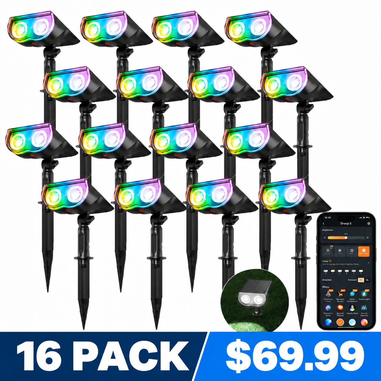 16 Pack smart color-changing solar spotlights — $69.99