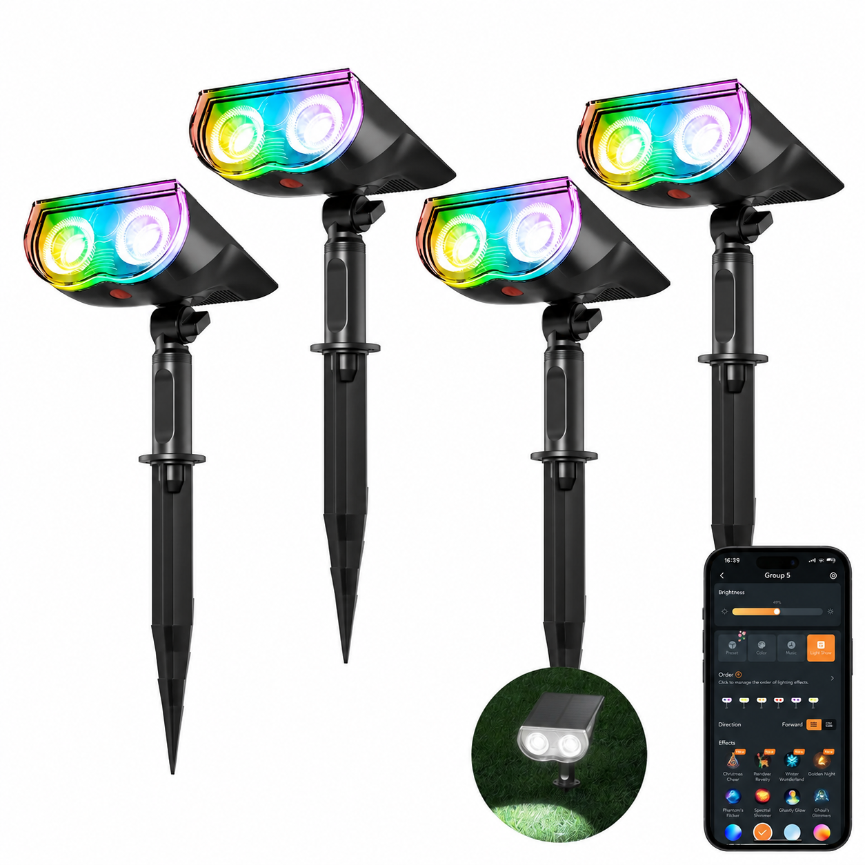 4 Pack smart color-changing solar spotlight package