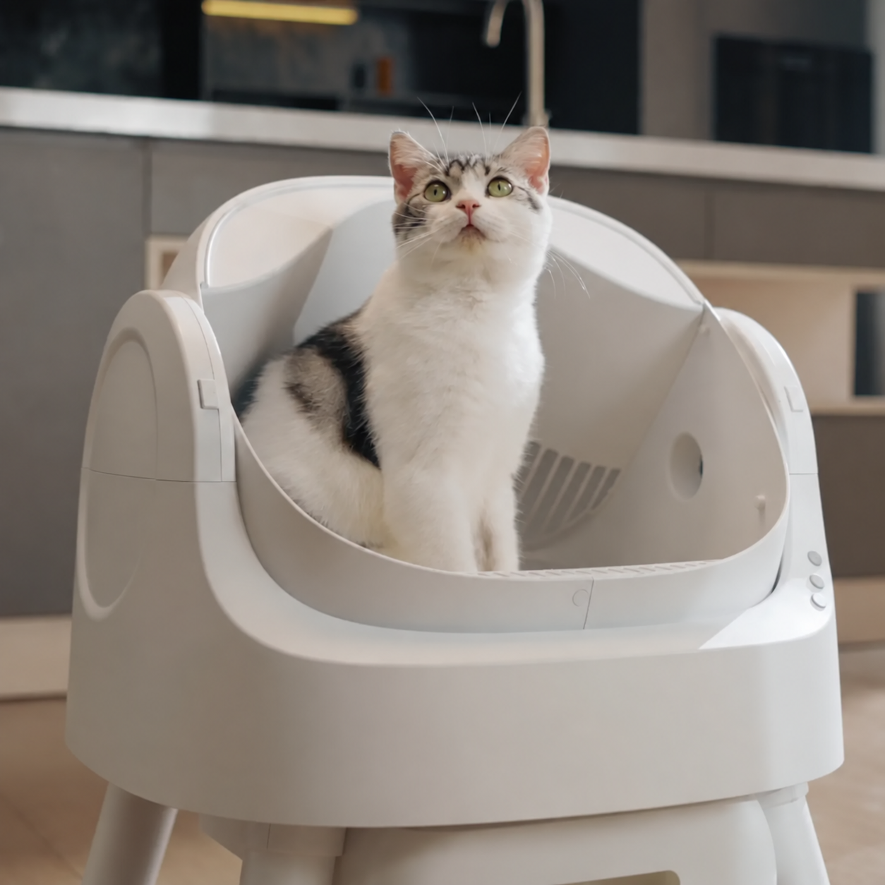Cat using the open-top automatic litter box