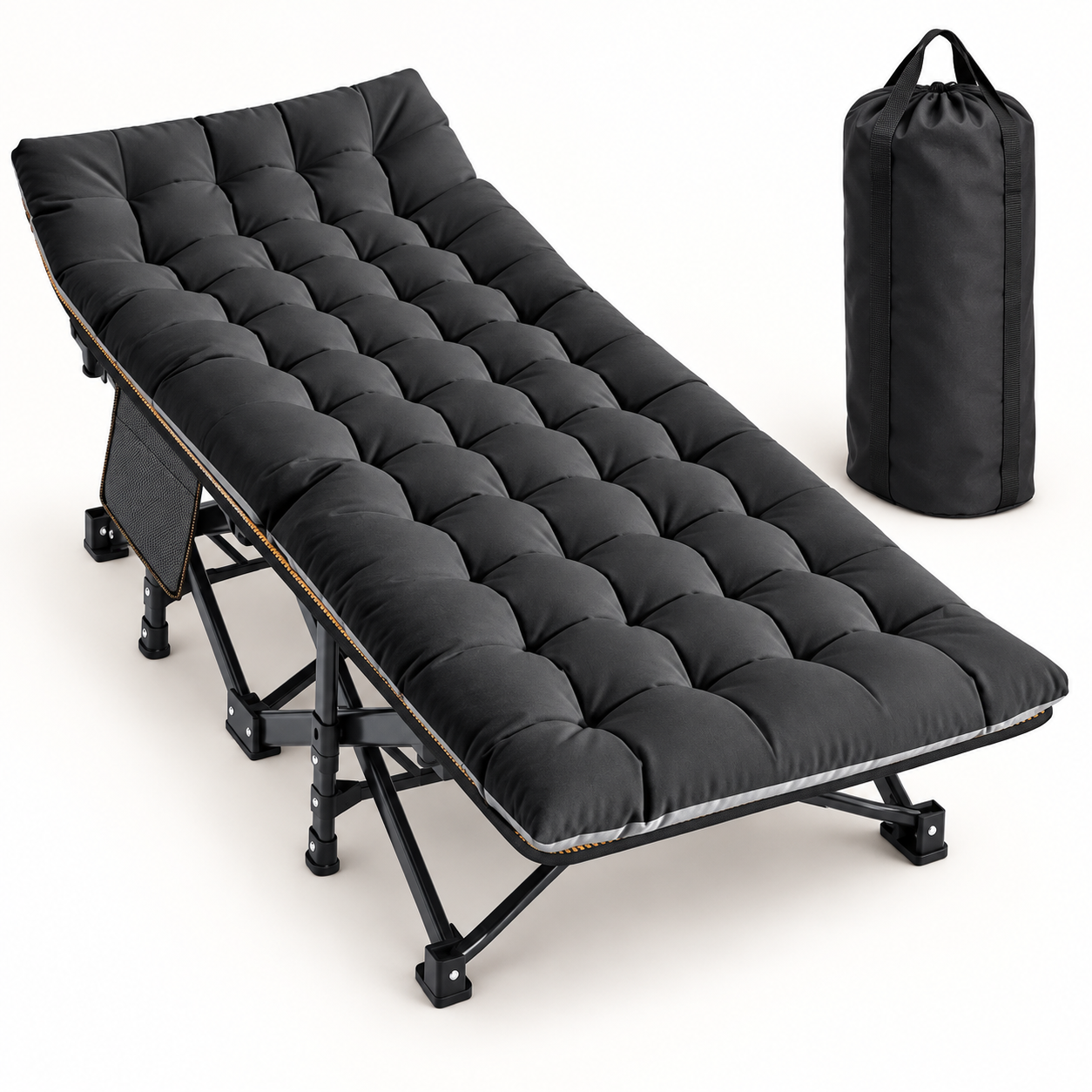 Portable Folding Camping Cot with Reversible Mattress and Carry Bag in oversized XXL black