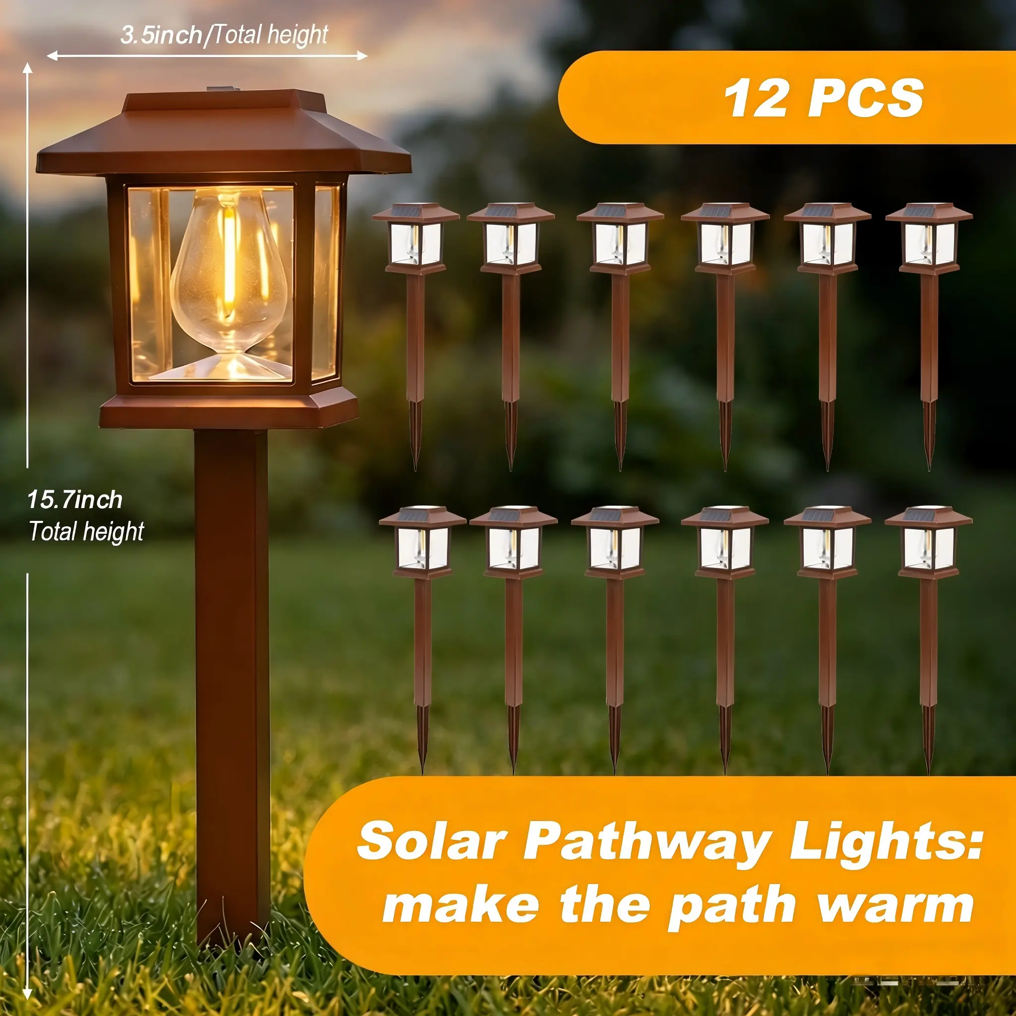 Solar Pathway Lights with Warm White LED, 6 or 12 Pack - Brown