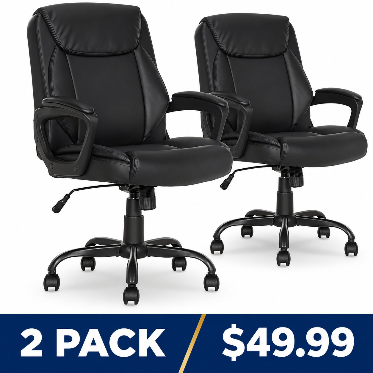 Classic Padded Mid-Back Adjustable Office Chair - Black - 2 Pack - $49.99