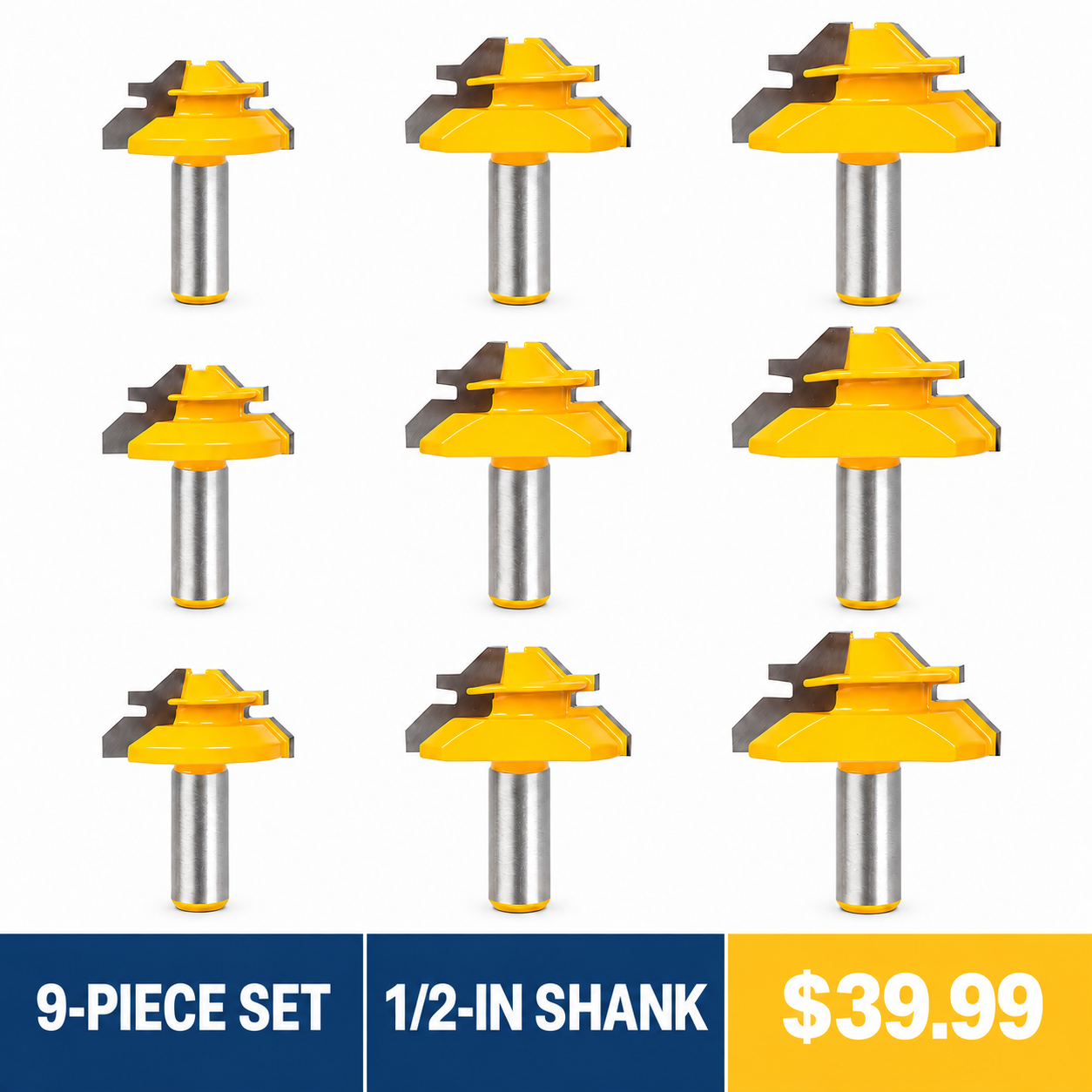 9-piece 45 degree lock miter router bit set with 1/2 inch shanks