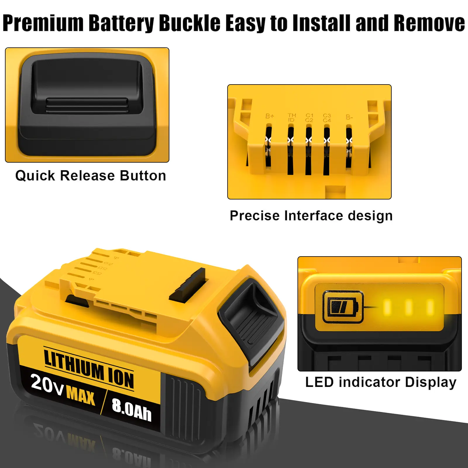 20V 8.0Ah Lithium-Ion Replacement Battery for Select DeWalt Tools controls and battery interface