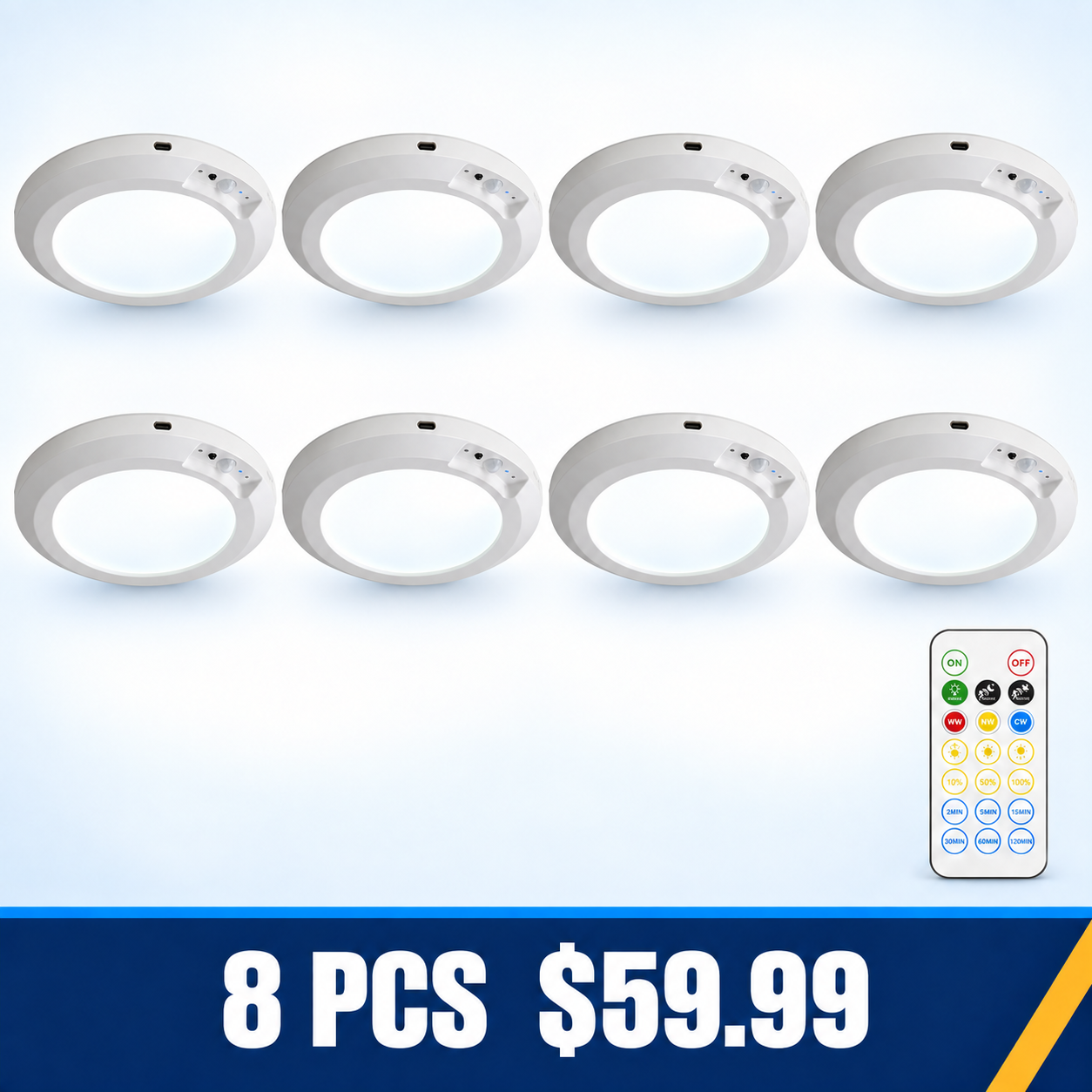 Rechargeable Motion Sensor Ceiling Light with Remote - 8 PCS - $59.99