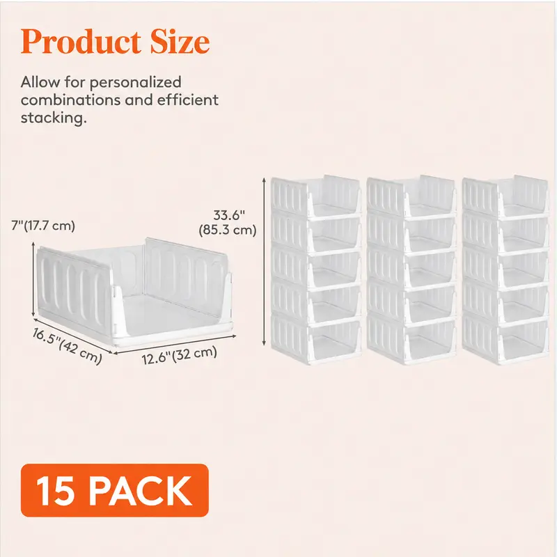 Stackable Closet Organizer Bins – Space-Saving Multipurpose Storage Set - 15 Pack