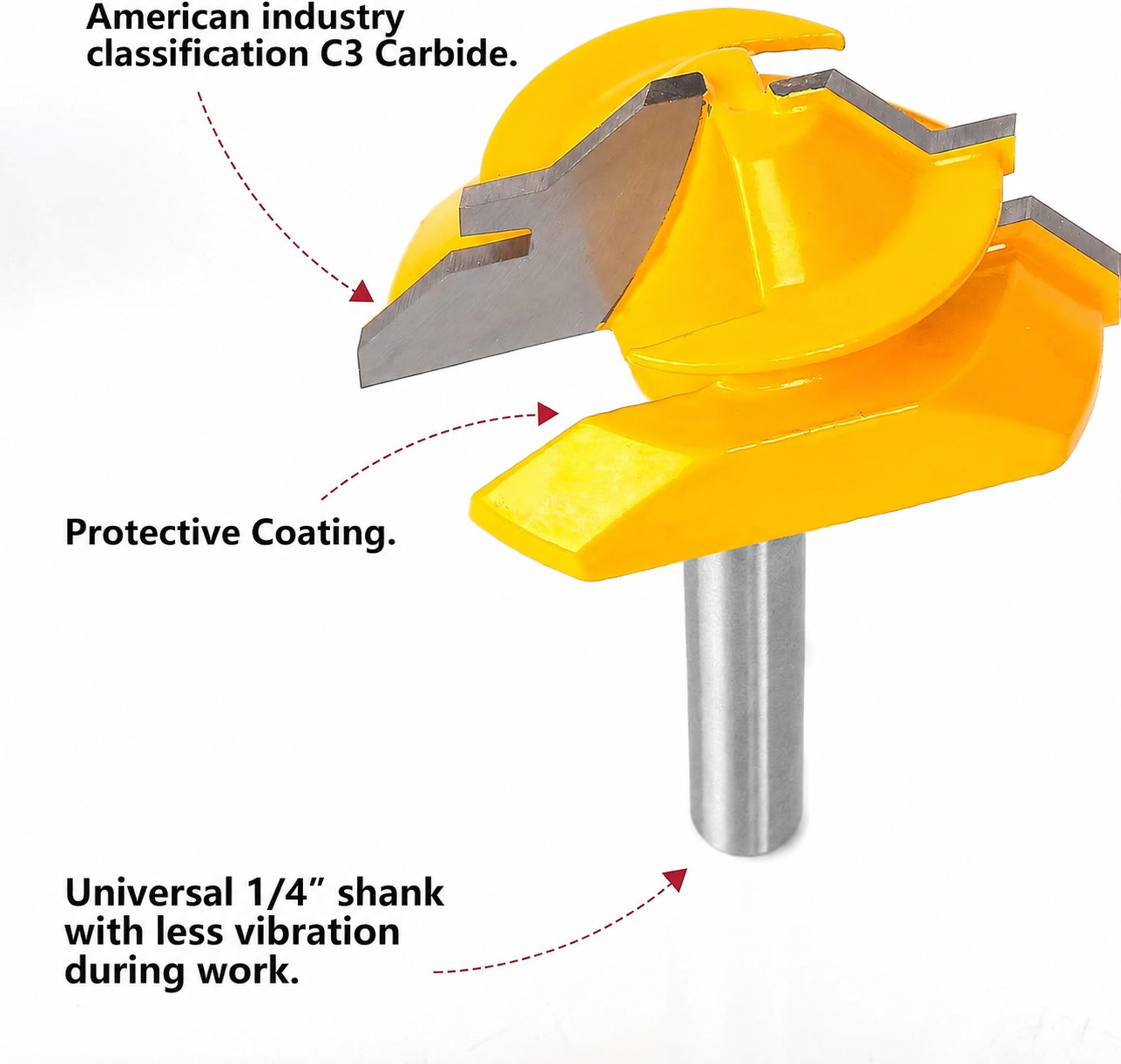 Carbide tipped lock miter router bit construction and cutting features