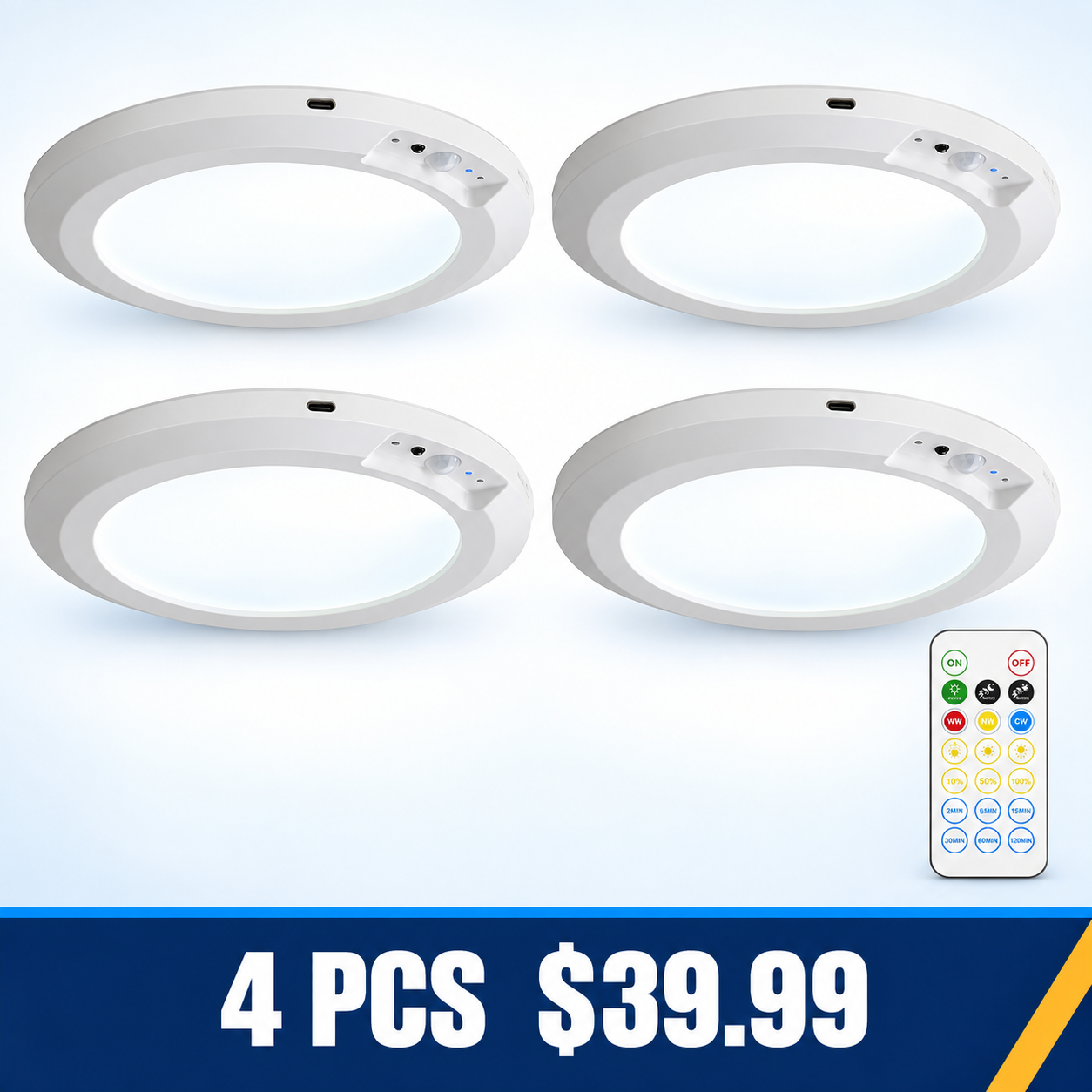Rechargeable Motion Sensor Ceiling Light with Remote - 4 PCS - $39.99