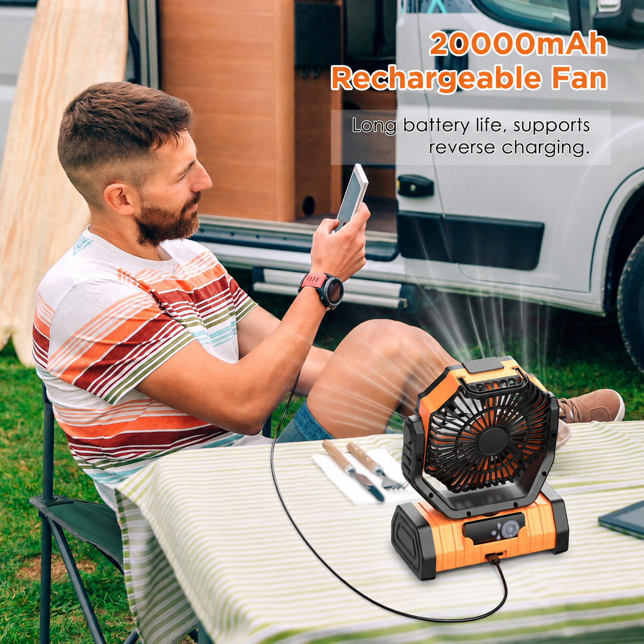 20000mAh rechargeable camping fan with reverse charging - logo free