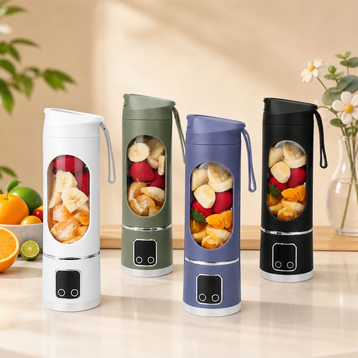Portable USB Rechargeable Blender with Digital Display - 4-Pack A - White, Green, Purple, Black