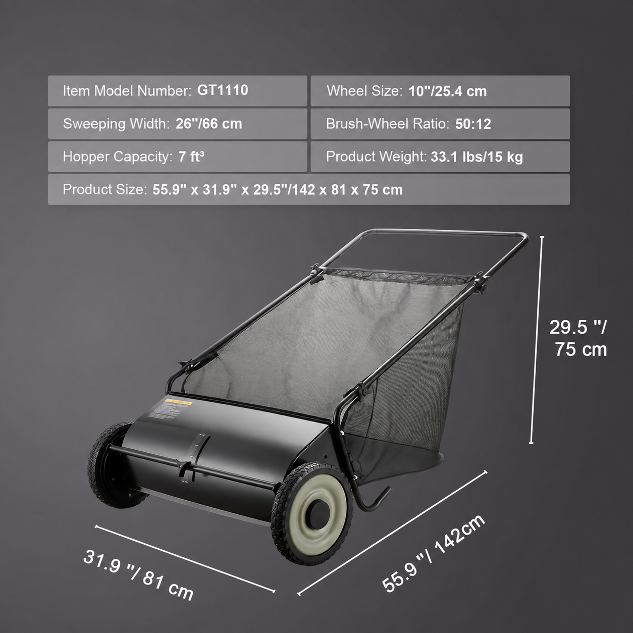Hand Push Lawn Sweeper with Adjustable Brush Height - 26 Inch