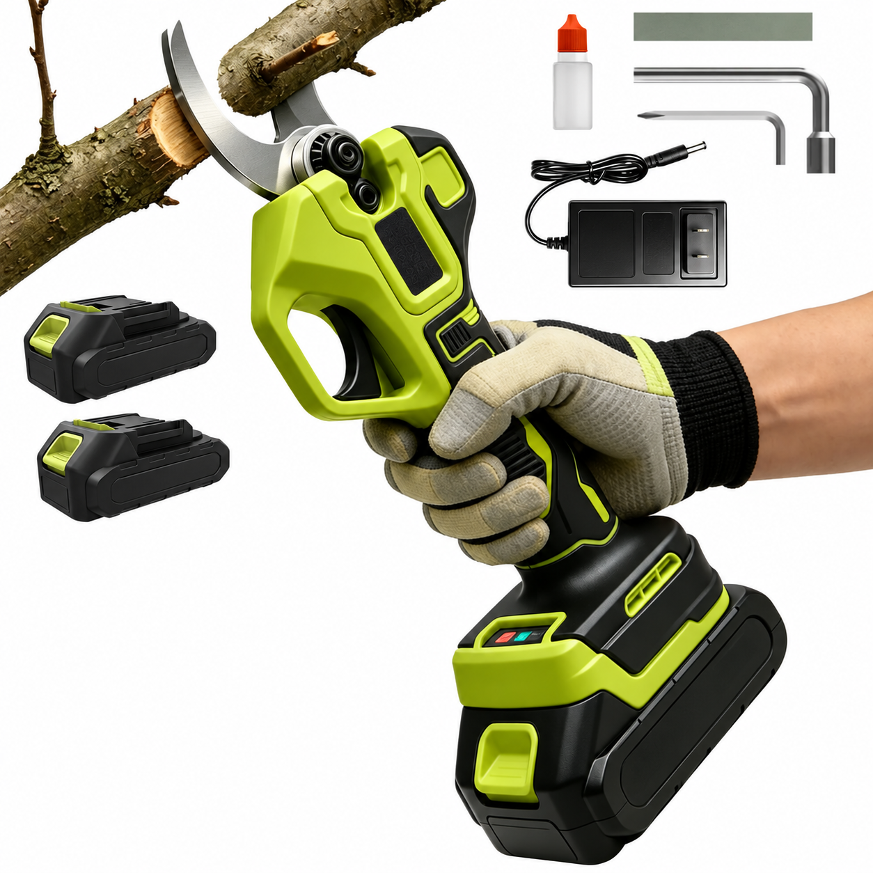 Cordless Electric Pruning Shears with Dual Batteries, 1.25-Inch Cutting Capacity with two batteries and included accessories