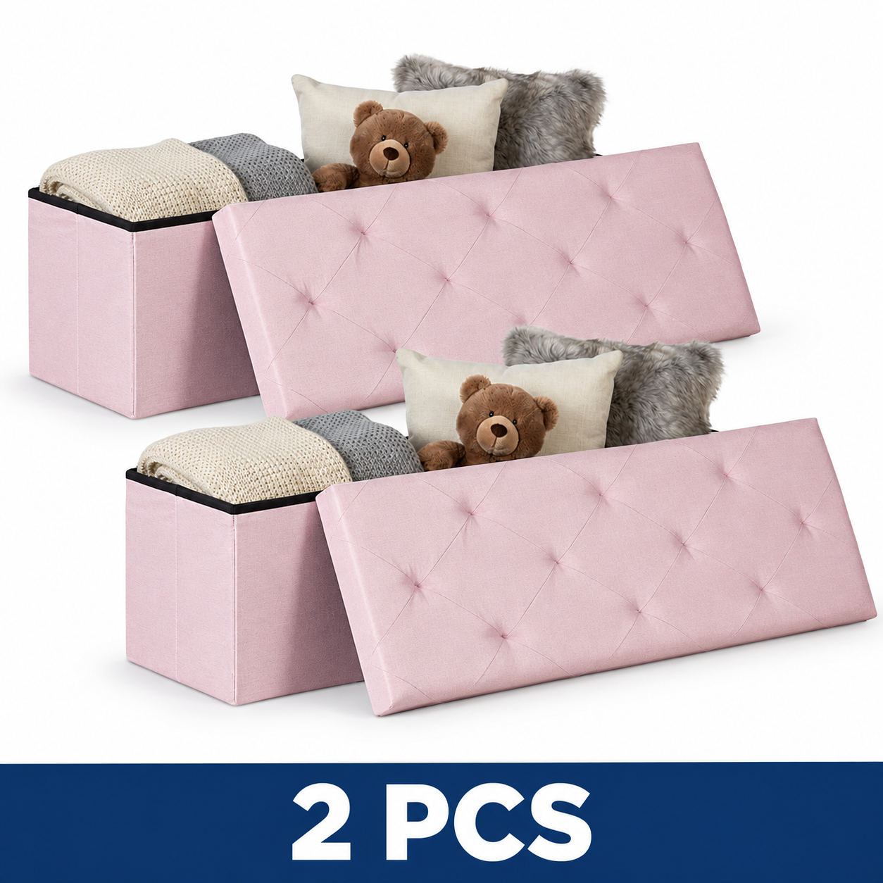 43-Inch Folding Storage Ottoman Bench with Padded Seat - 43IN Pink Fabric – 2-Piece Set