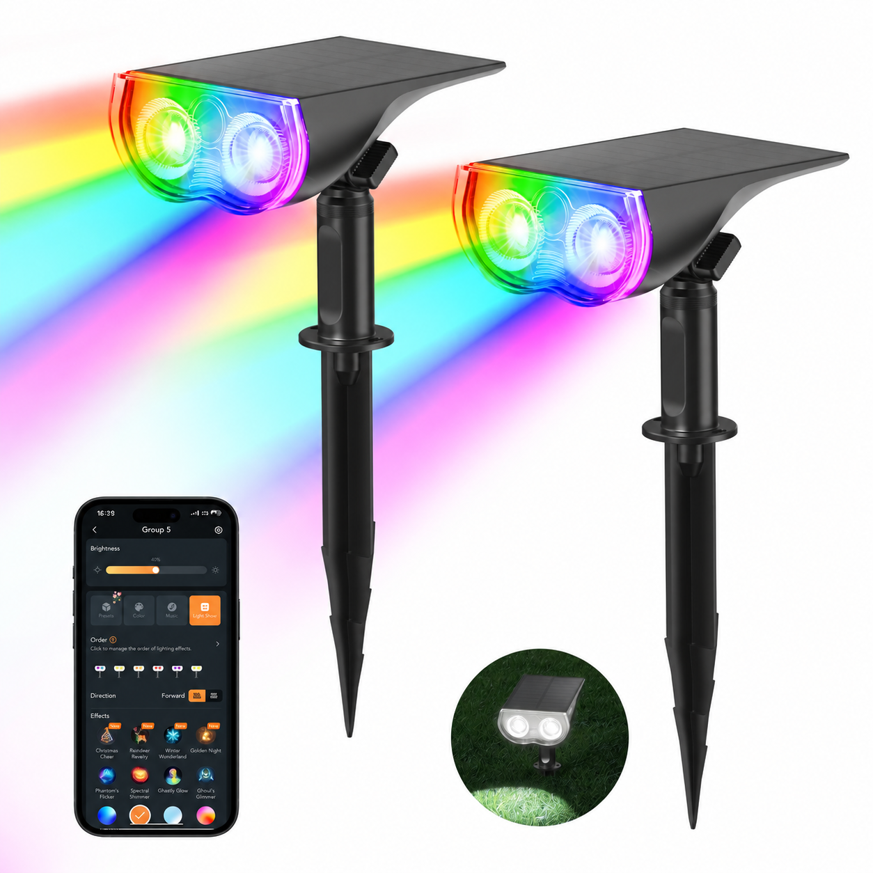 2 Pack smart color-changing solar spotlight package