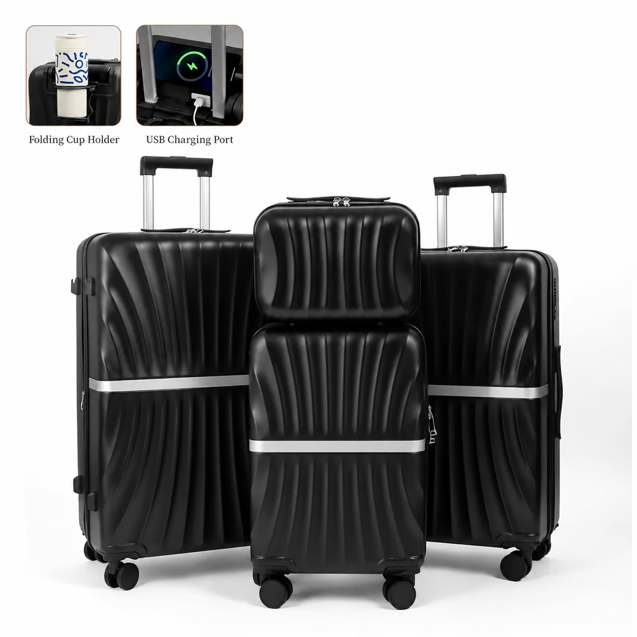Black four-piece luggage set with folding cup holder and USB charging port
