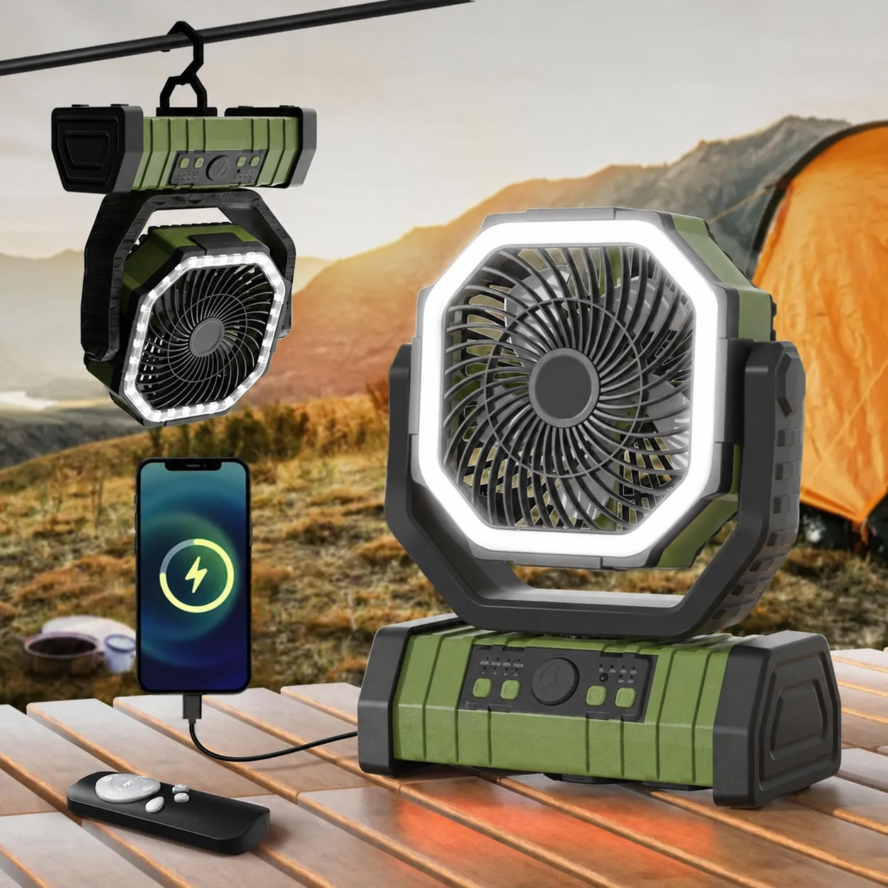 20000mAh Rechargeable Camping Fan with LED Light & Oscillation - Green original product view - logo free