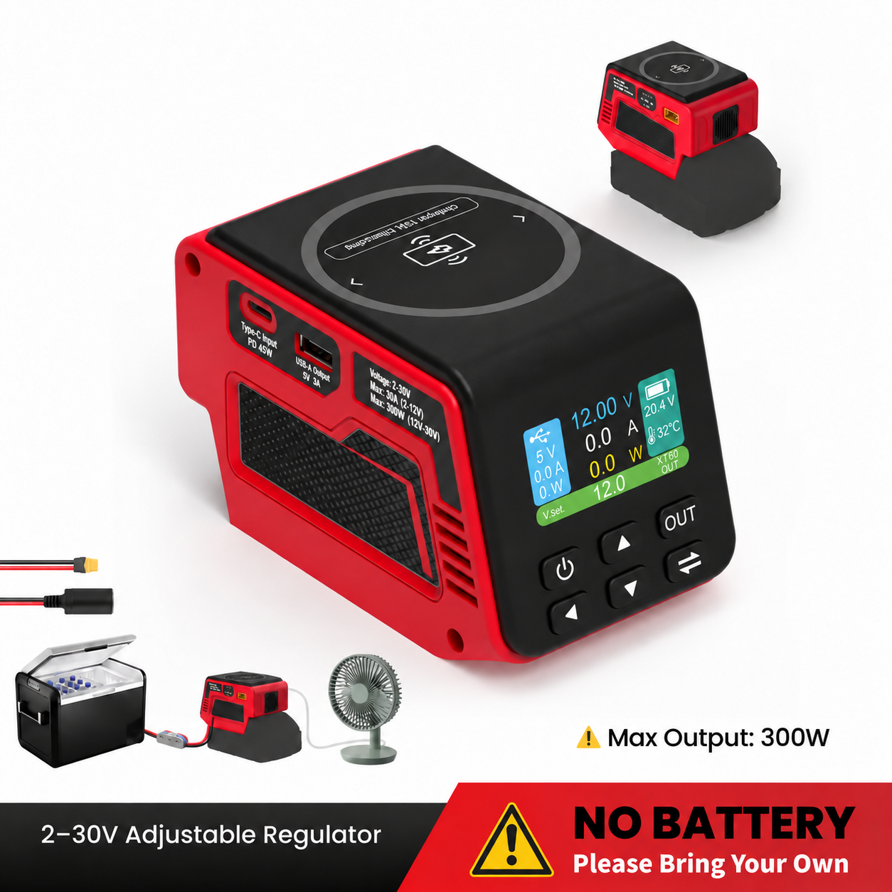 Adjustable DC voltage regulator with cables and charging outputs