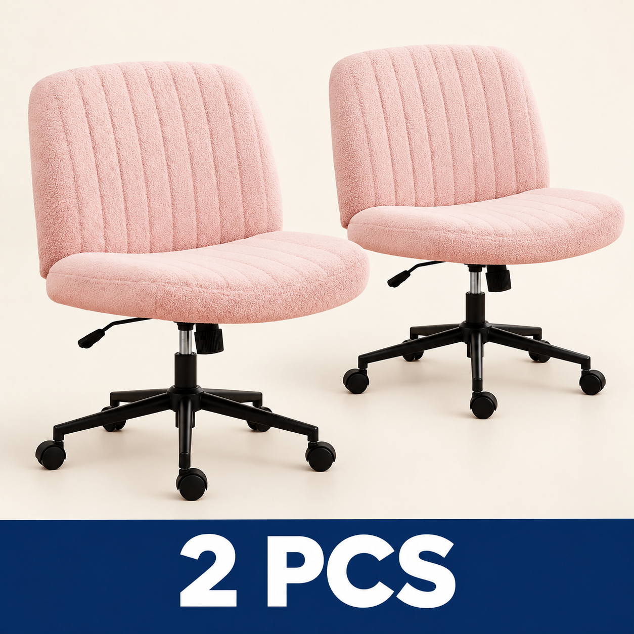 Wide Armless Cross-Legged Office Chair with Wheels - Pink - Teddy Fleece - 2 PCS