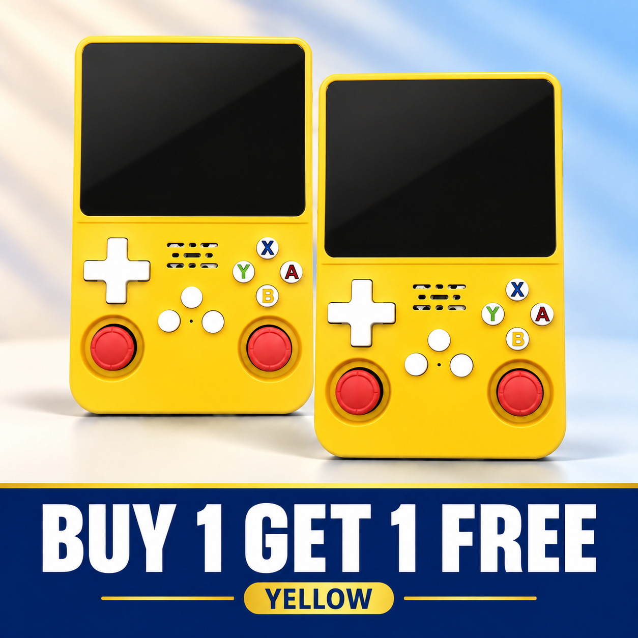 Yellow handheld console buy one get one free
