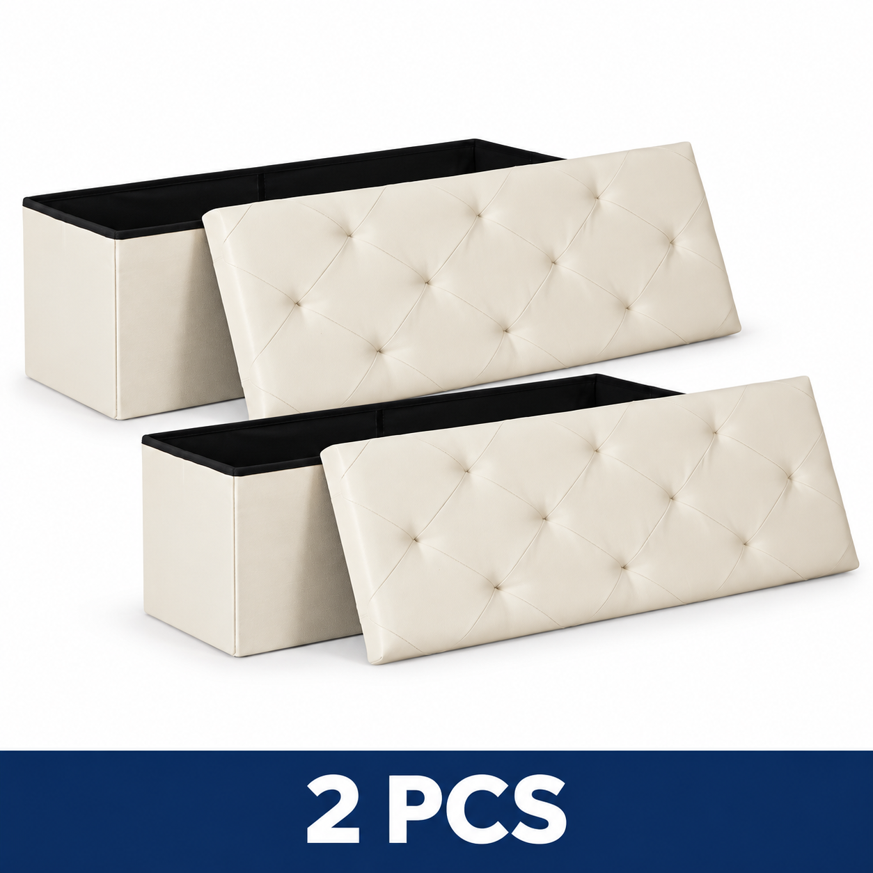 43-Inch Folding Storage Ottoman Bench with Padded Seat - 43IN Beige Leather – 2-Piece Set