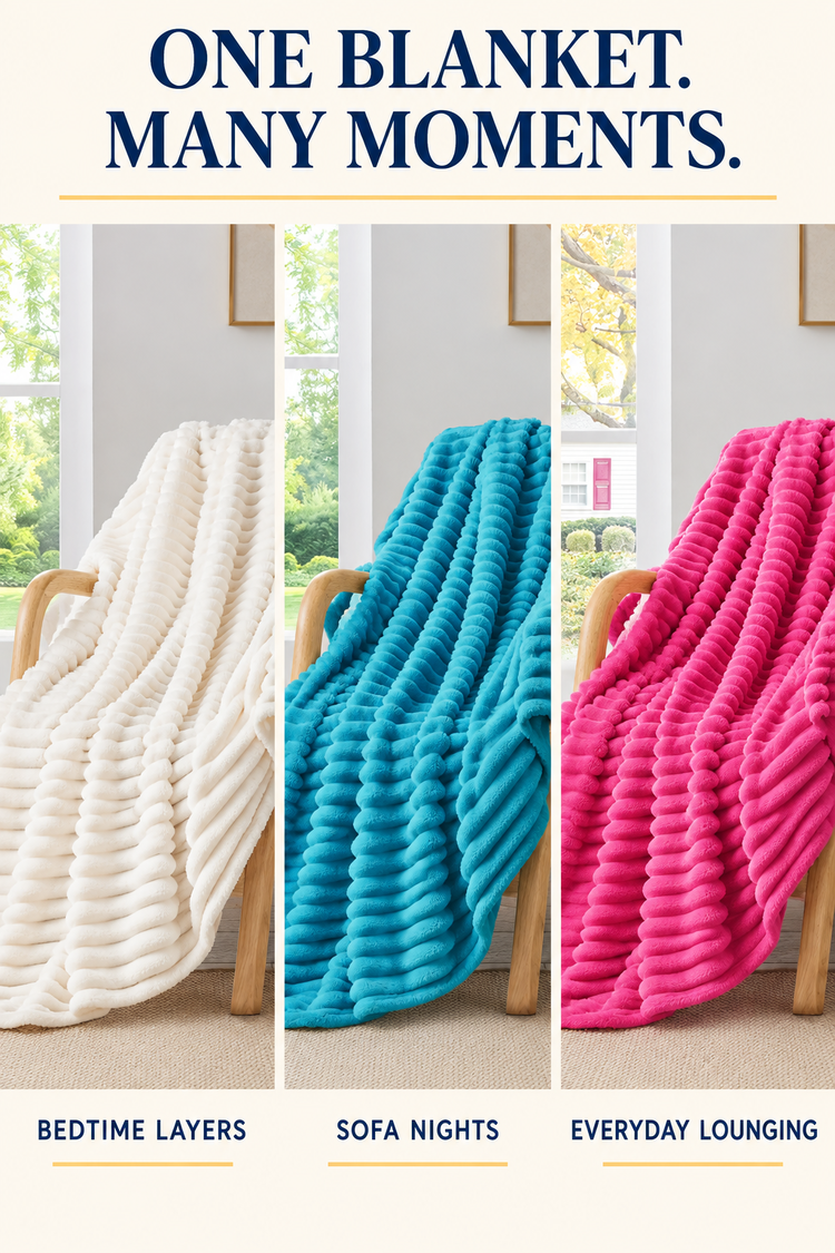 Cream, teal, and hot pink fleece stripe blankets for everyday home use