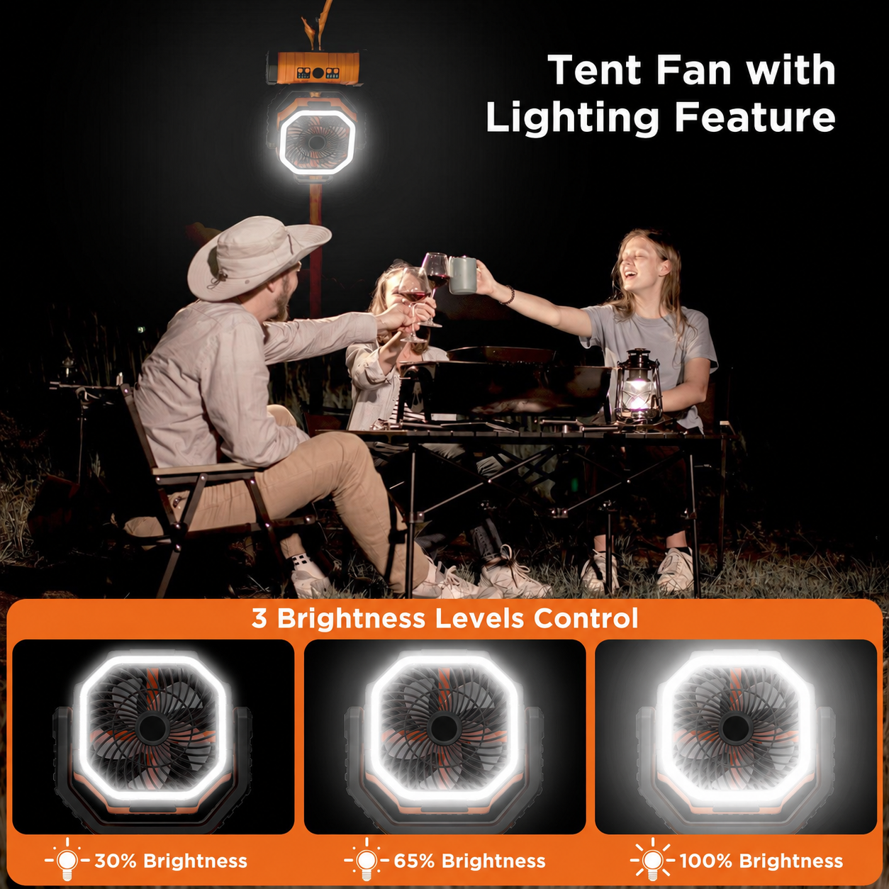 Camping fan three-level LED light brightness control - logo free